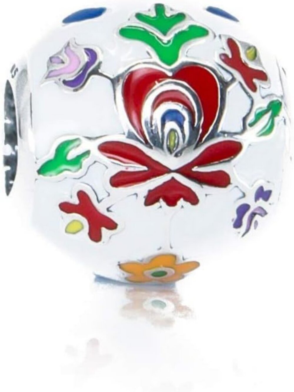 Folk Art Inspired Flower Enamel & Sterling Silver Charm Bead S925, Red Green